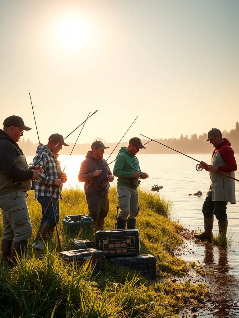 A vibrant image of participants enthusiastically setting up their fishing gear at the start of a CARP' A COEUR enduro competition, showcasing the excitement and camaraderie of the event.