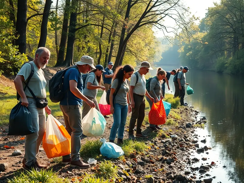 A serene image of volunteers participating in a CARP' A COEUR environmental cleanup activity along a riverbank, emphasizing the organization's commitment to preserving aquatic ecosystems.