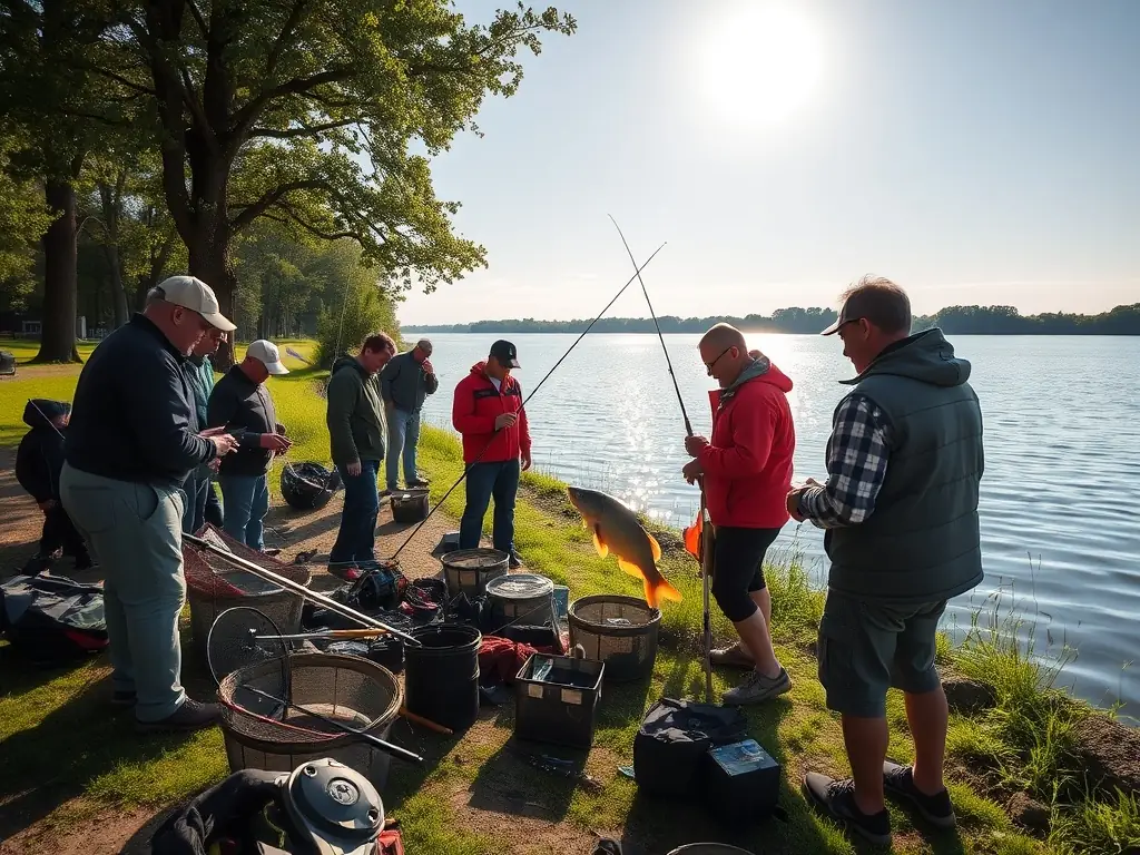 A dynamic shot of participants at a CARP' A COEUR fishing event, showcasing the excitement and camaraderie of the competition, with a focus on the natural beauty of the aquatic environment.