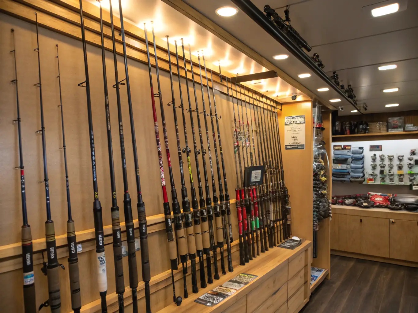 A photograph showcasing a specialized salon event, featuring displays of fishing equipment, educational seminars, and attendees networking and learning from experts.